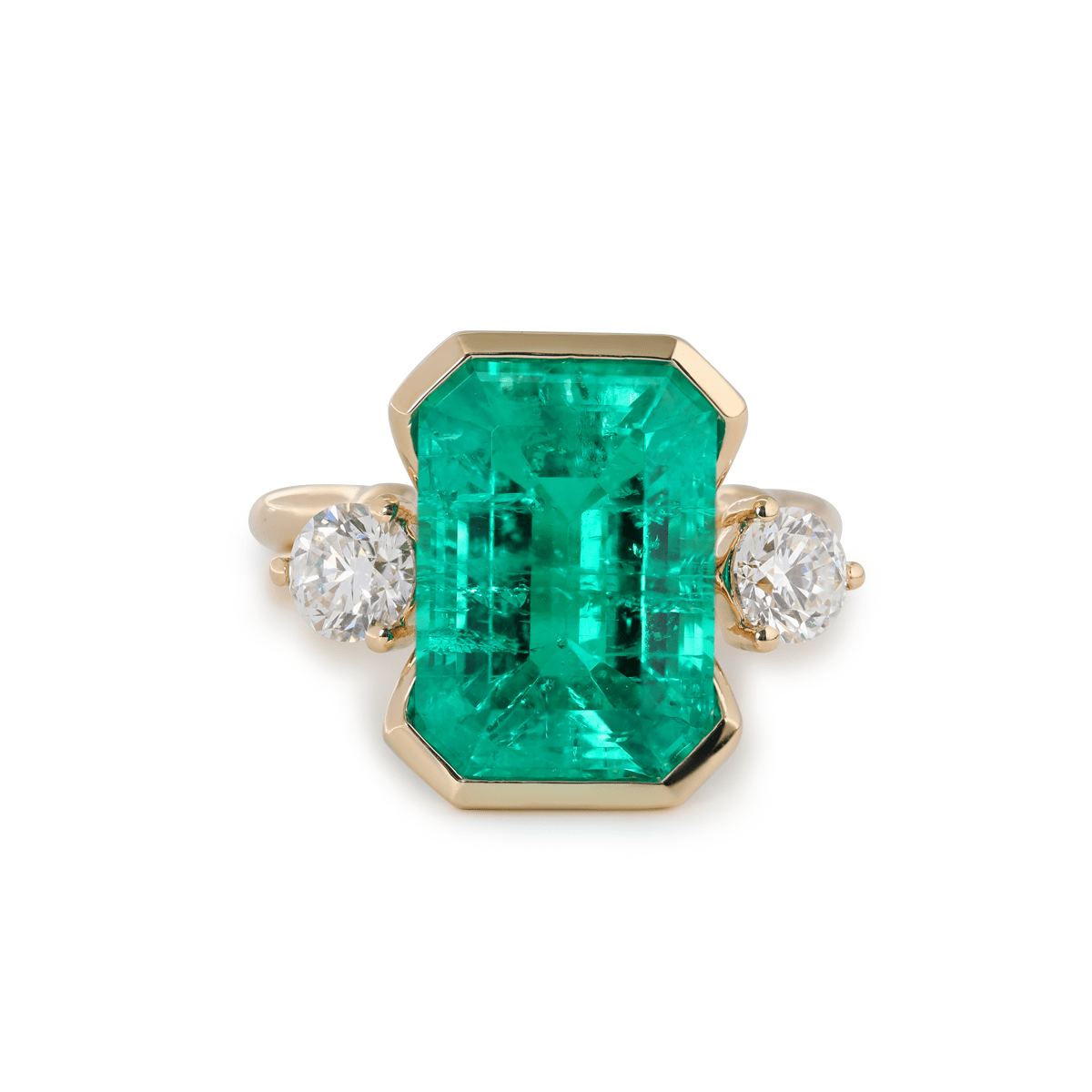 7 CT Emerald Cut Colombian Lab Emerald Half Bezel Bridal Ring Set — Statement Ring with Matching Ring Enhancer - FIORESE JEWELRY