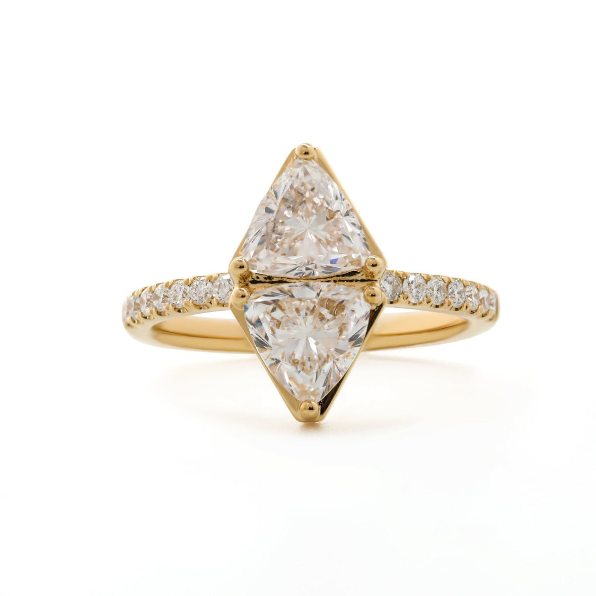 7mm Trillion Cut Lab Diamond Toi et Moi Ring with Half Eternity Pave - FIORESE JEWELRY