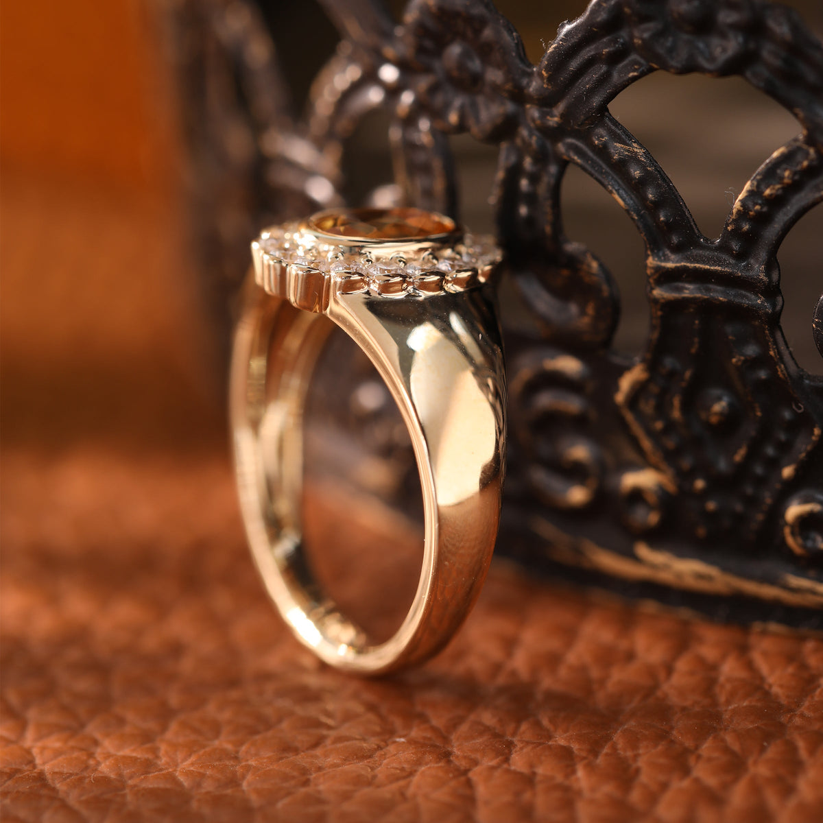 Oval Natural Citrine Flower Ring with Round Diamond Halo — Art Nouveau Nature-Inspired