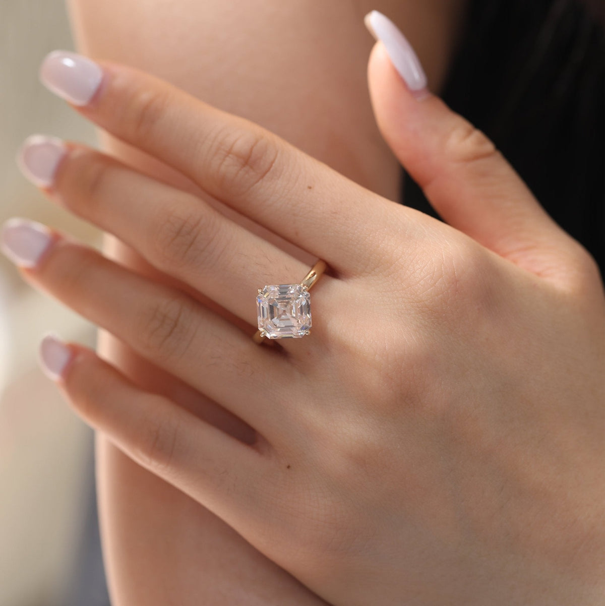 Antique Asscher - Cut Lab Diamond 4 - Claw Solitaire Ring with Floating Head Design - FIORESE JEWELRY