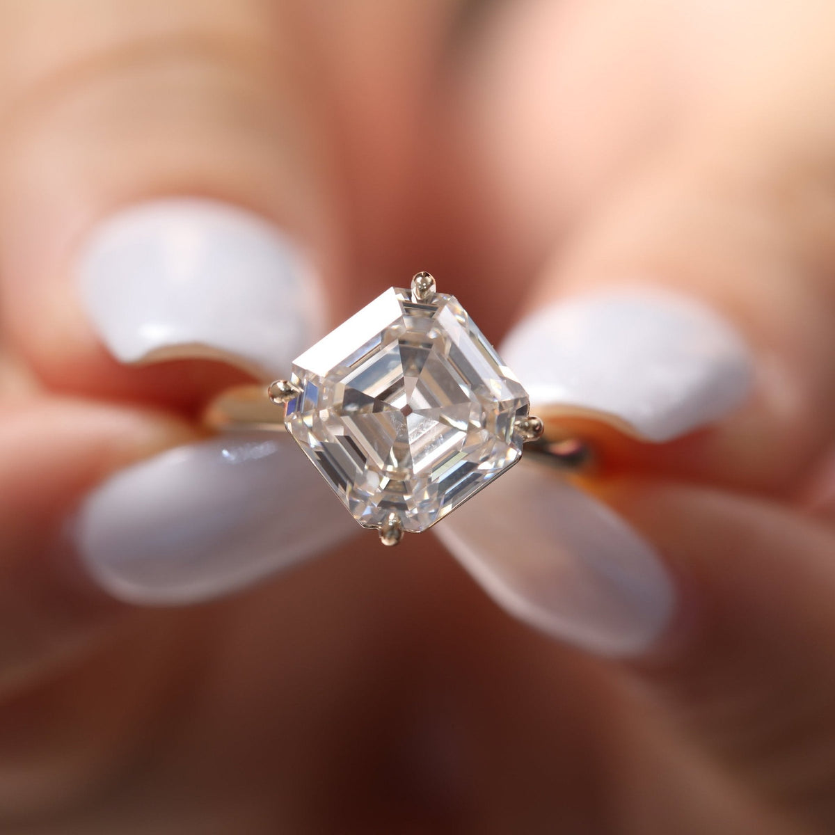 Antique Asscher - Cut Lab Diamond 4 - Claw Solitaire Ring with Floating Head Design - FIORESE JEWELRY