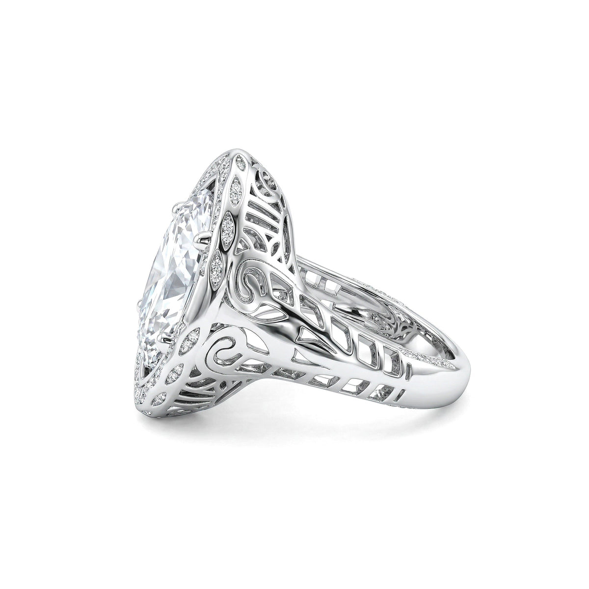 Artique Style Filigree Carved Elongated Oval Lab Diamond Ring - FIORESE JEWELRY
