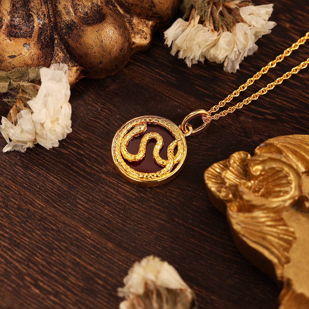 Chinese Zodiac Snake & Red Agate Pendant Necklace - LGG Jewelry
