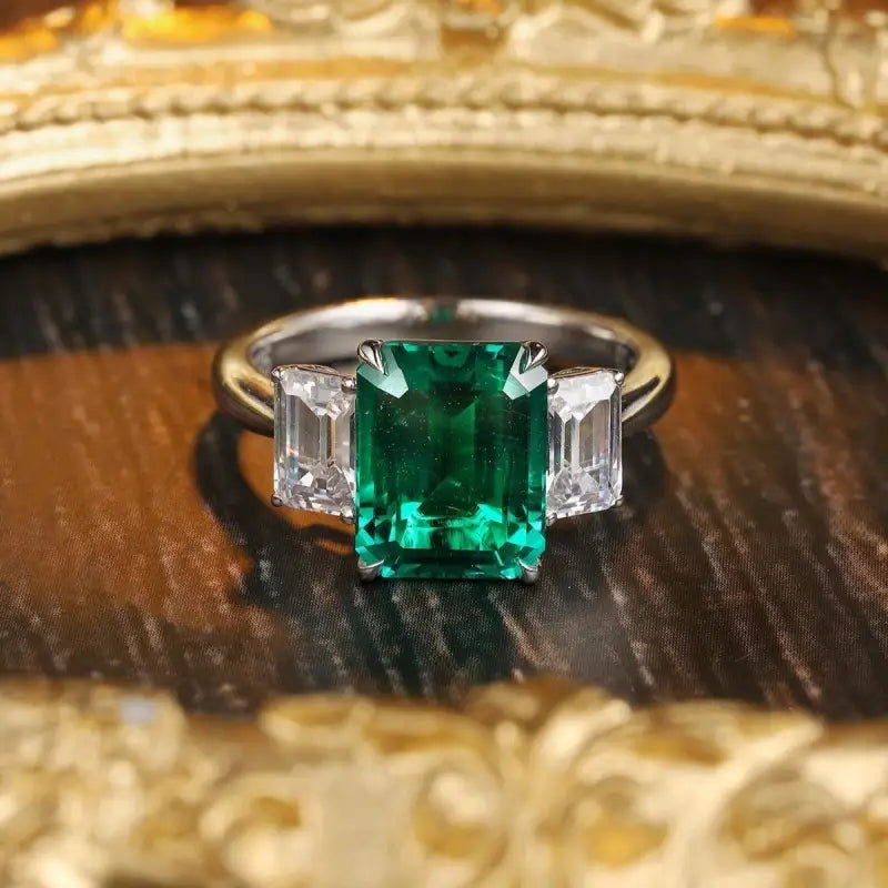 Classic 1.32 Ct Lab Emerald Three Stone Engagement Ring - LGG Jewelry