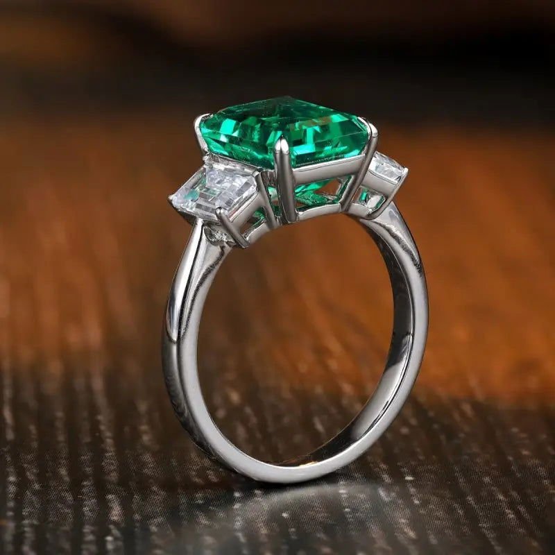 Classic 1.32 Ct Lab Emerald Three Stone Engagement Ring - LGG Jewelry