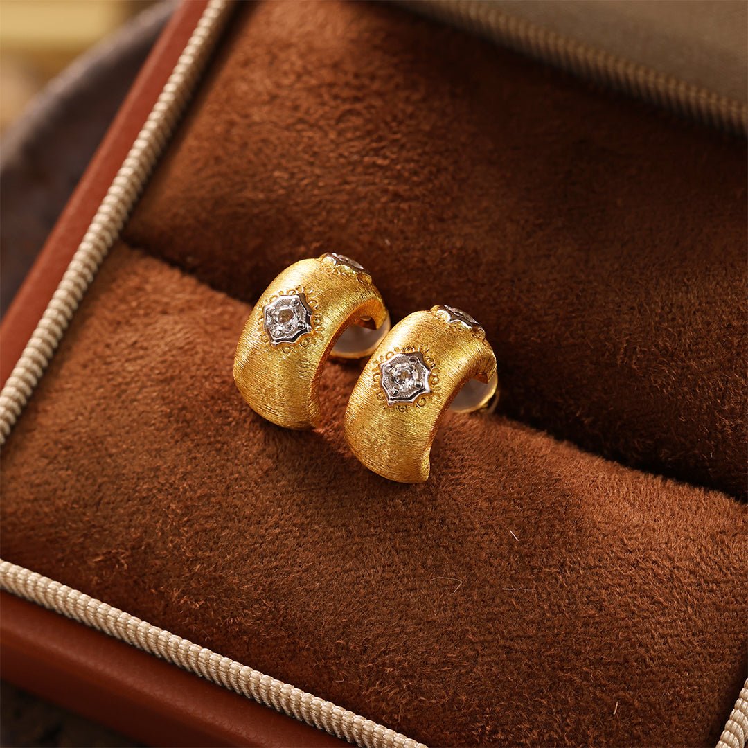 Crescent Brushed Gold Filled with Round CZ Huggie Earrings - LGG Jewelry