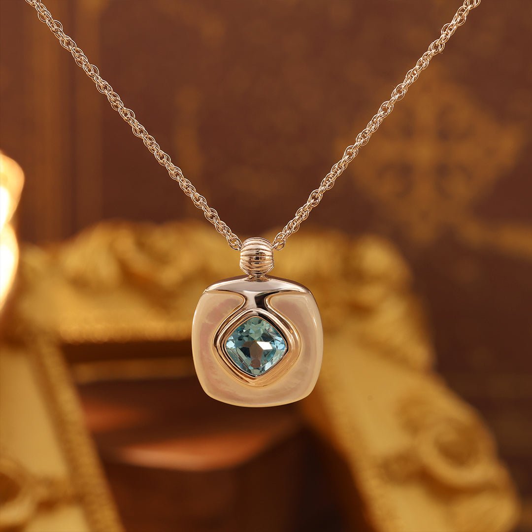 Cushion Blue Topaz & Nacre Pendant Necklace - LGG Jewelry