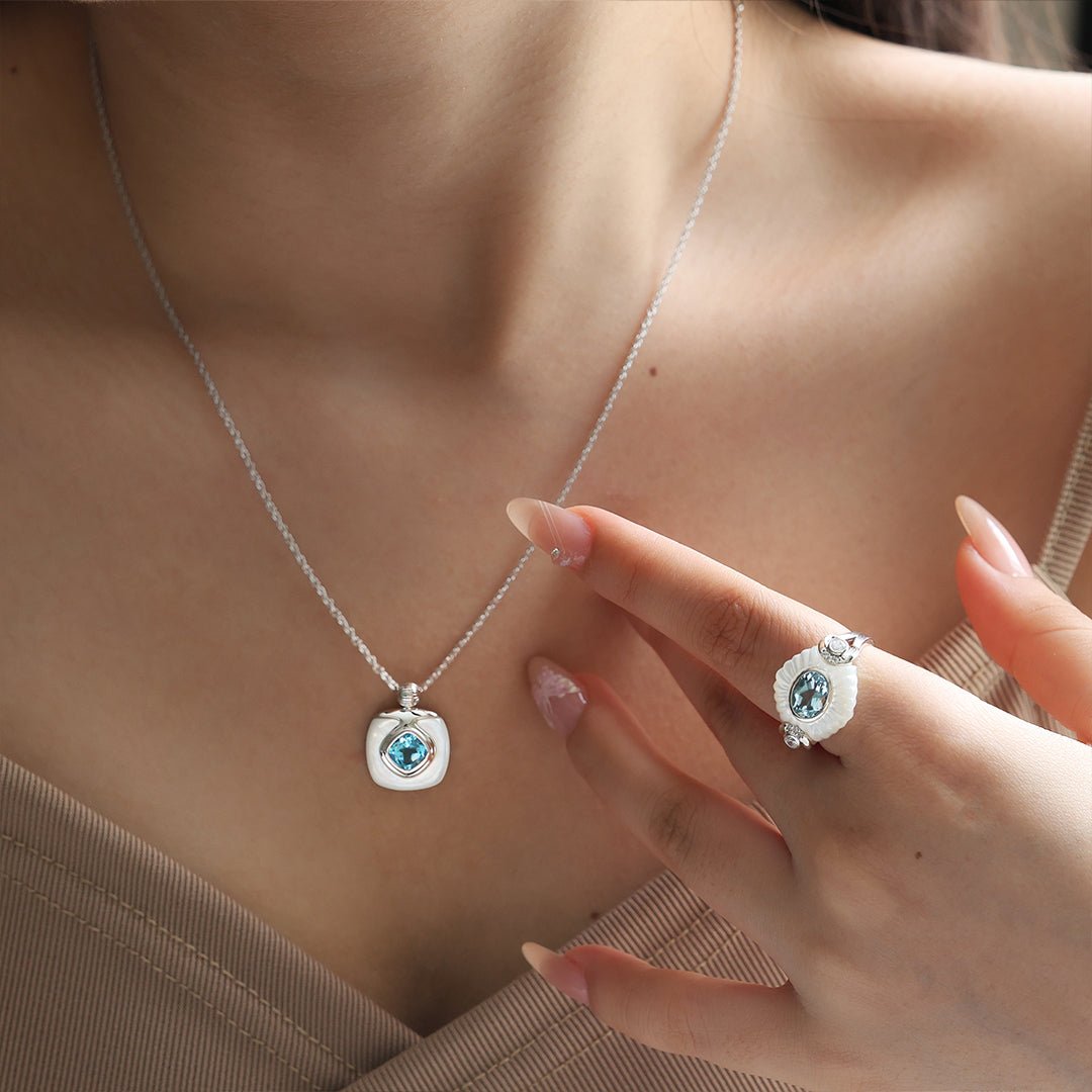 Cushion Blue Topaz & Nacre Pendant Necklace - LGG Jewelry
