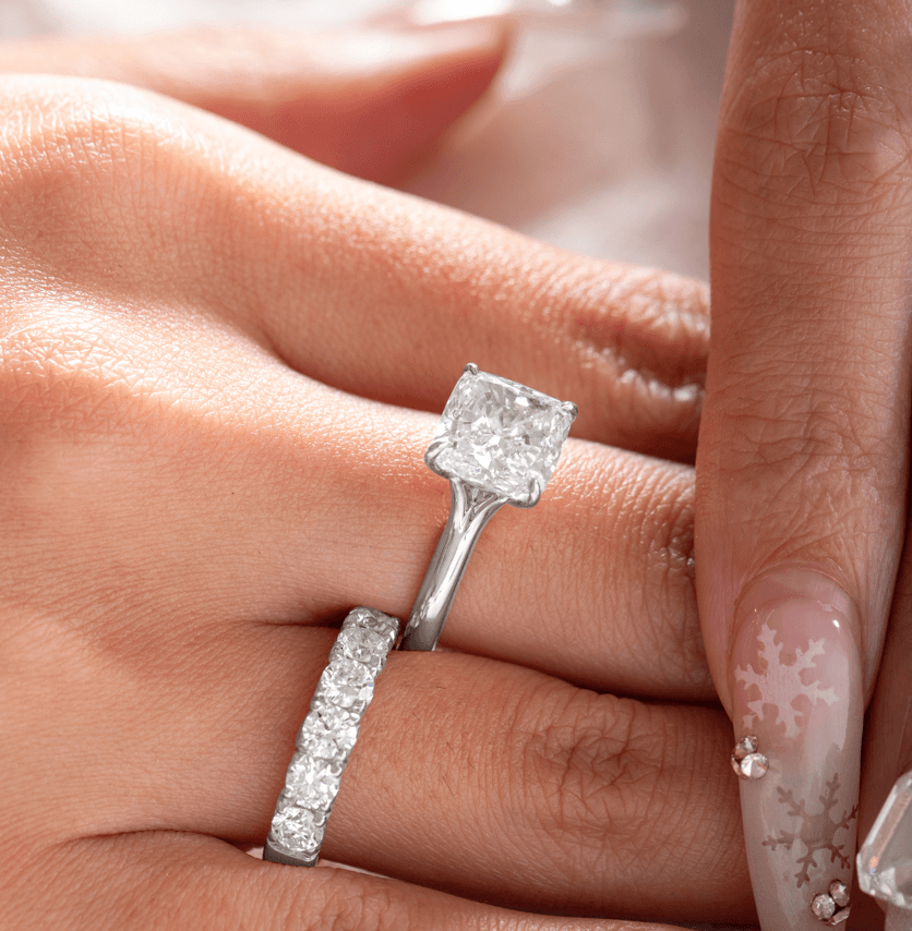 Cushion Cut Lab Diamond 4 - Claw Cathedral Bridal Set — Solitaire Engagement Ring with French Pavé Half Eternity Band - FIORESE JEWELRY
