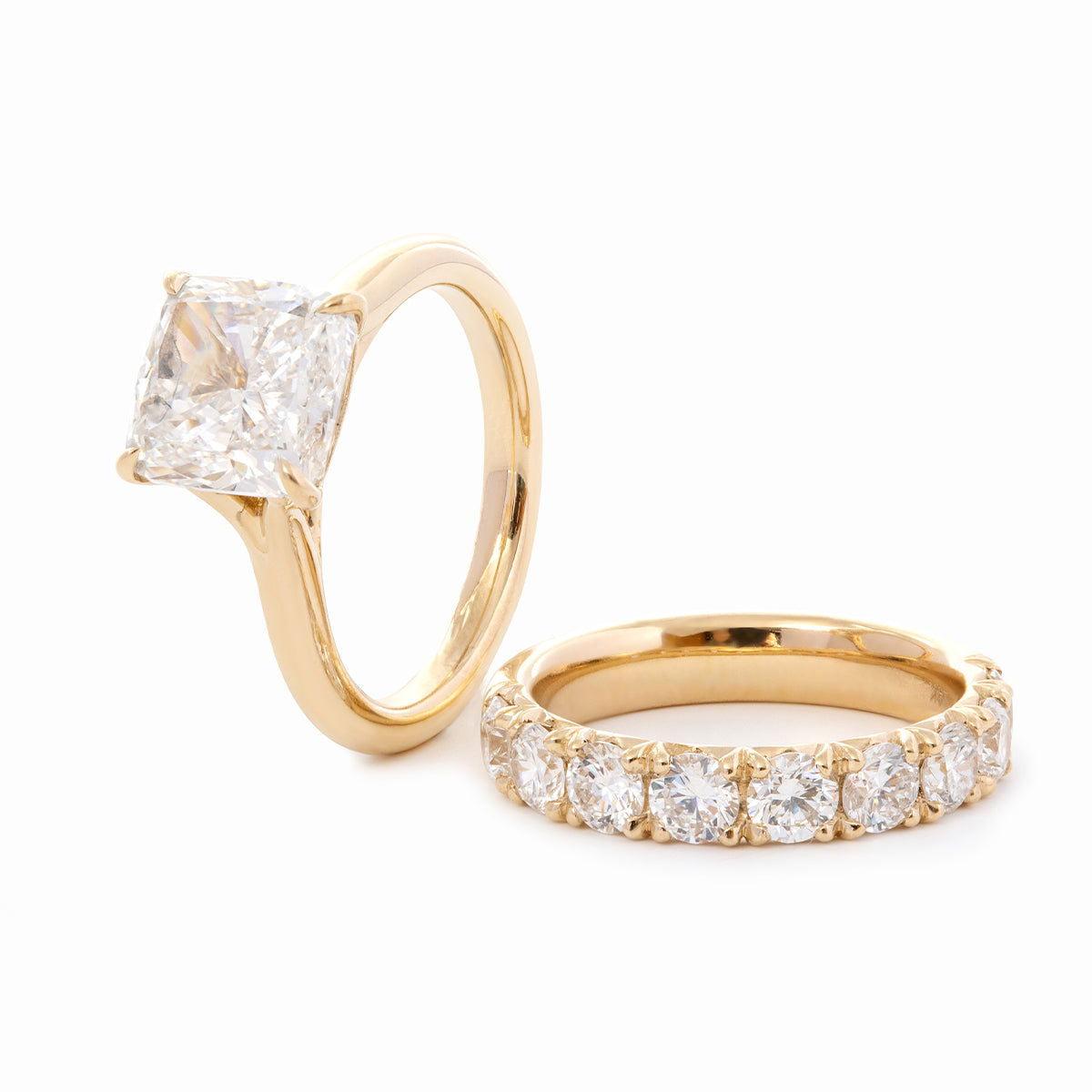 Cushion Cut Lab Diamond 4 - Claw Cathedral Bridal Set — Solitaire Engagement Ring with French Pavé Half Eternity Band - FIORESE JEWELRY