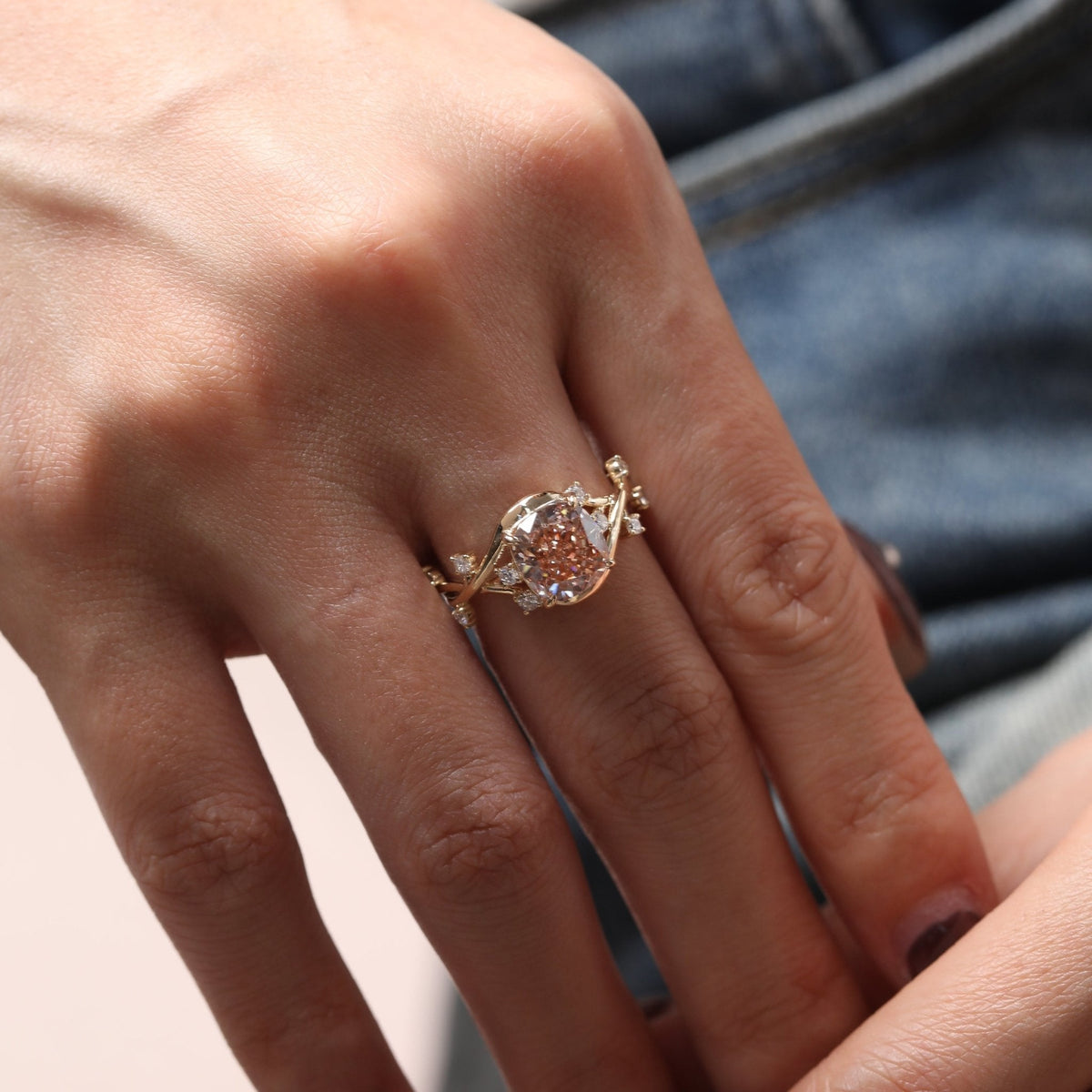 Cushion - Cut Pink Lab Diamond Ring with Leaf & Vine Band - FIORESE JEWELRY
