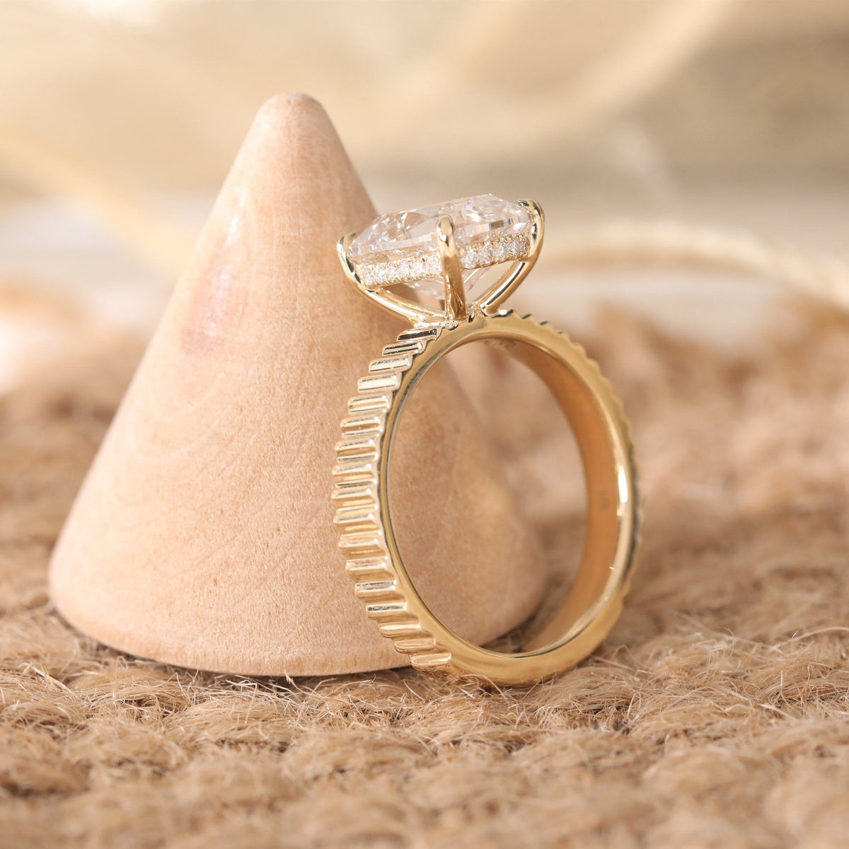 Elongated Old Mine - Cut Lab Diamond Ring with Four - Claw Basket Setting and Round Lab Diamond Hidden Halo - FIORESE JEWELRY