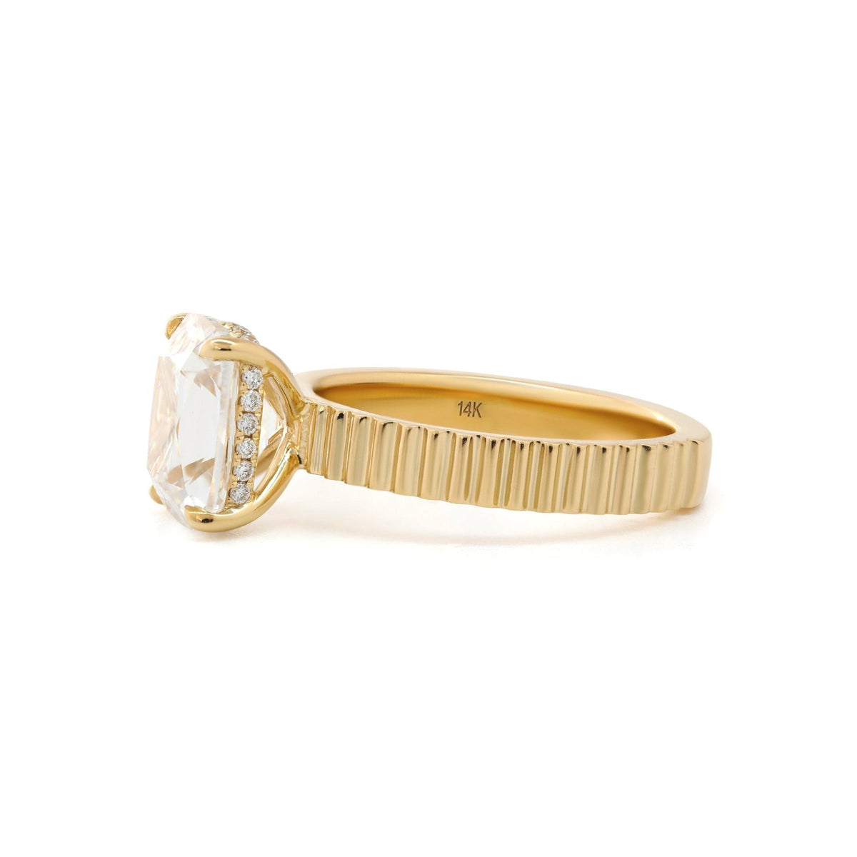 Elongated Old Mine - Cut Lab Diamond Ring with Four - Claw Basket Setting and Round Lab Diamond Hidden Halo - FIORESE JEWELRY