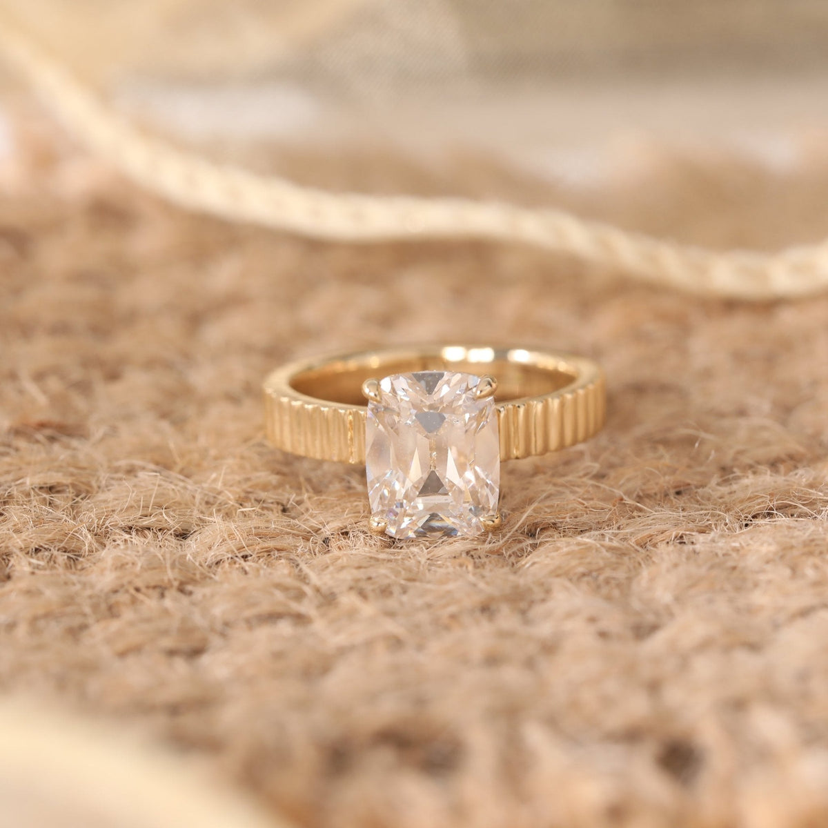 Elongated Old Mine - Cut Lab Diamond Ring with Four - Claw Basket Setting and Round Lab Diamond Hidden Halo - FIORESE JEWELRY