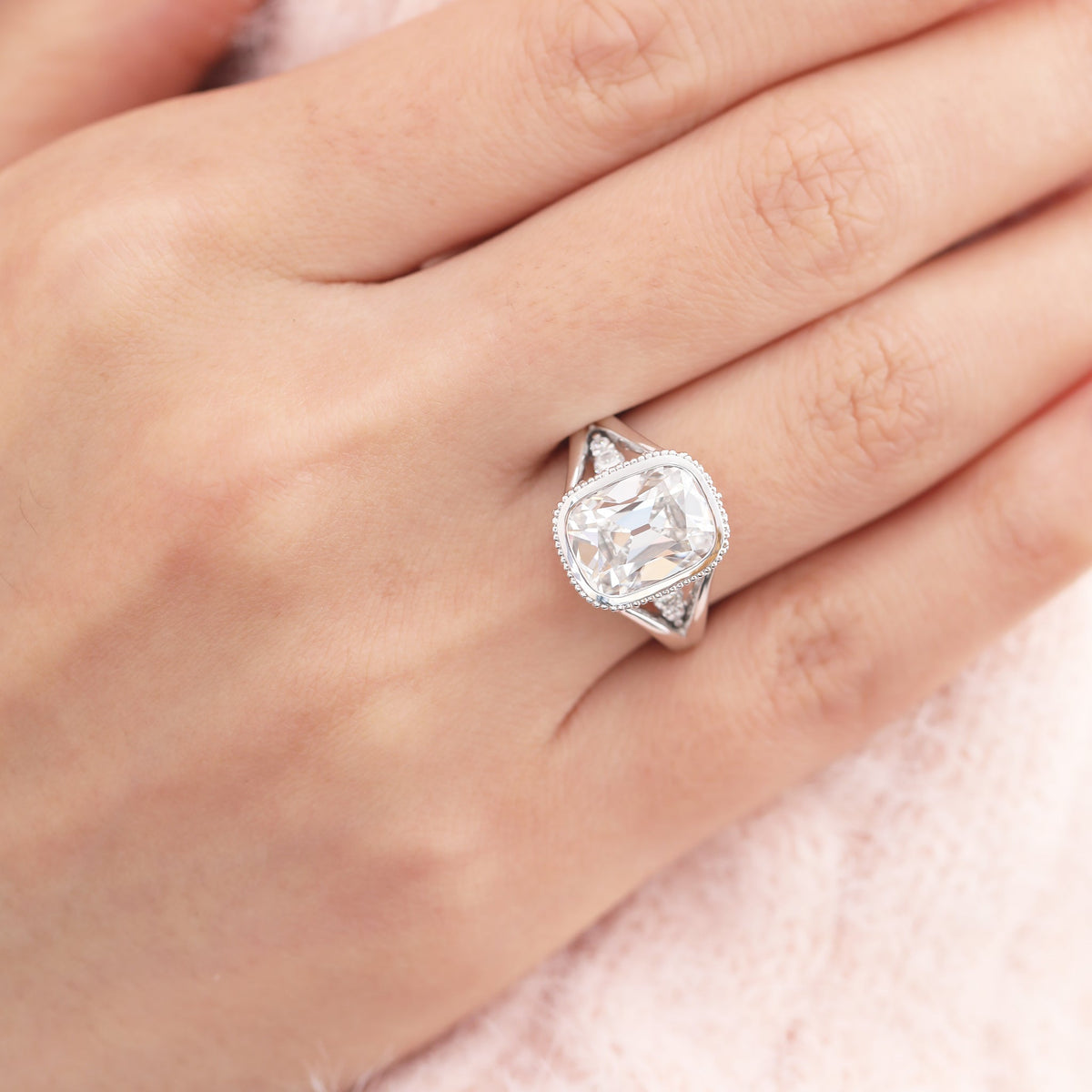 Elongated OMC Diamond Bezel Ring with Round & Marquise-Cut Side Stones and Millegrain - FIORESE JEWELRY