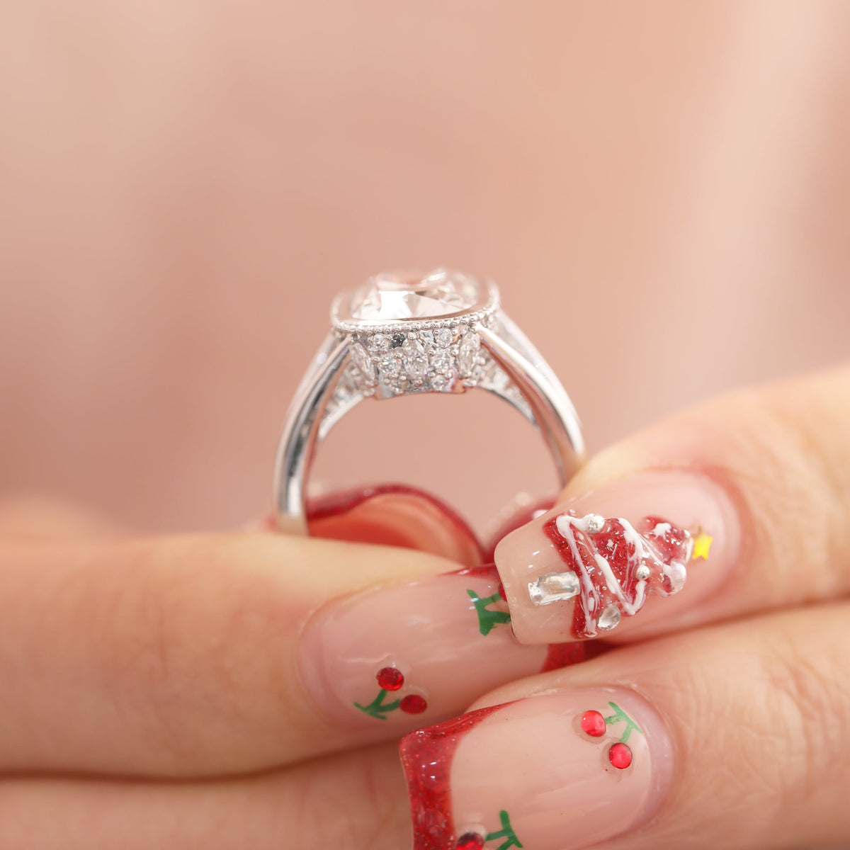 Elongated OMC Diamond Bezel Ring with Round & Marquise-Cut Side Stones and Millegrain - FIORESE JEWELRY