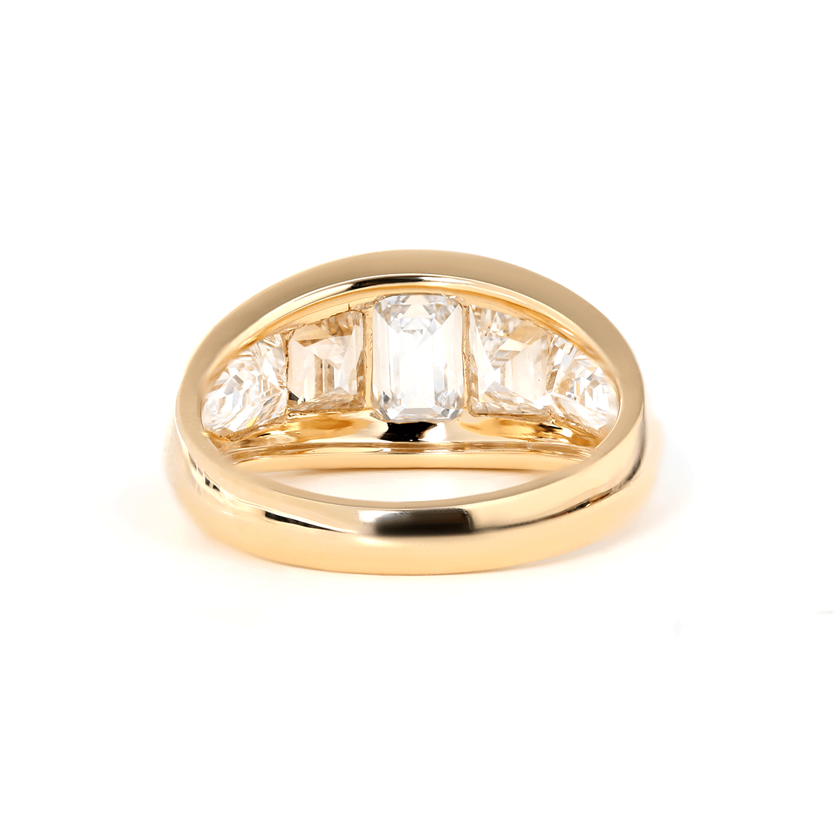 Emerald - Cut Lab Diamond Five - Stone Bezel - Set Ring with Tapered Step - Cut and Bullet - Cut Side Stones - FIORESE JEWELRY