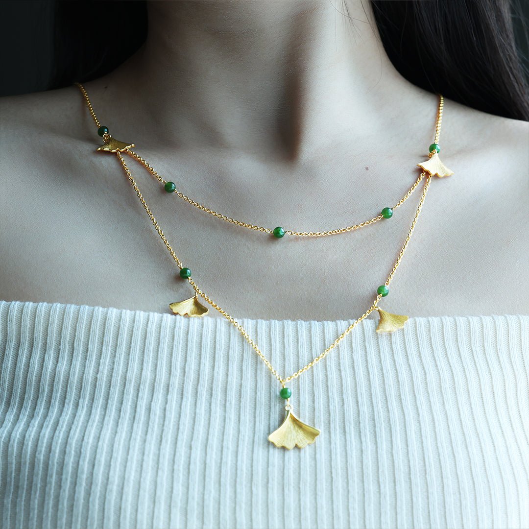Golden Ginkgo & Green Hetian Jasper Long Necklace - LGG Jewelry
