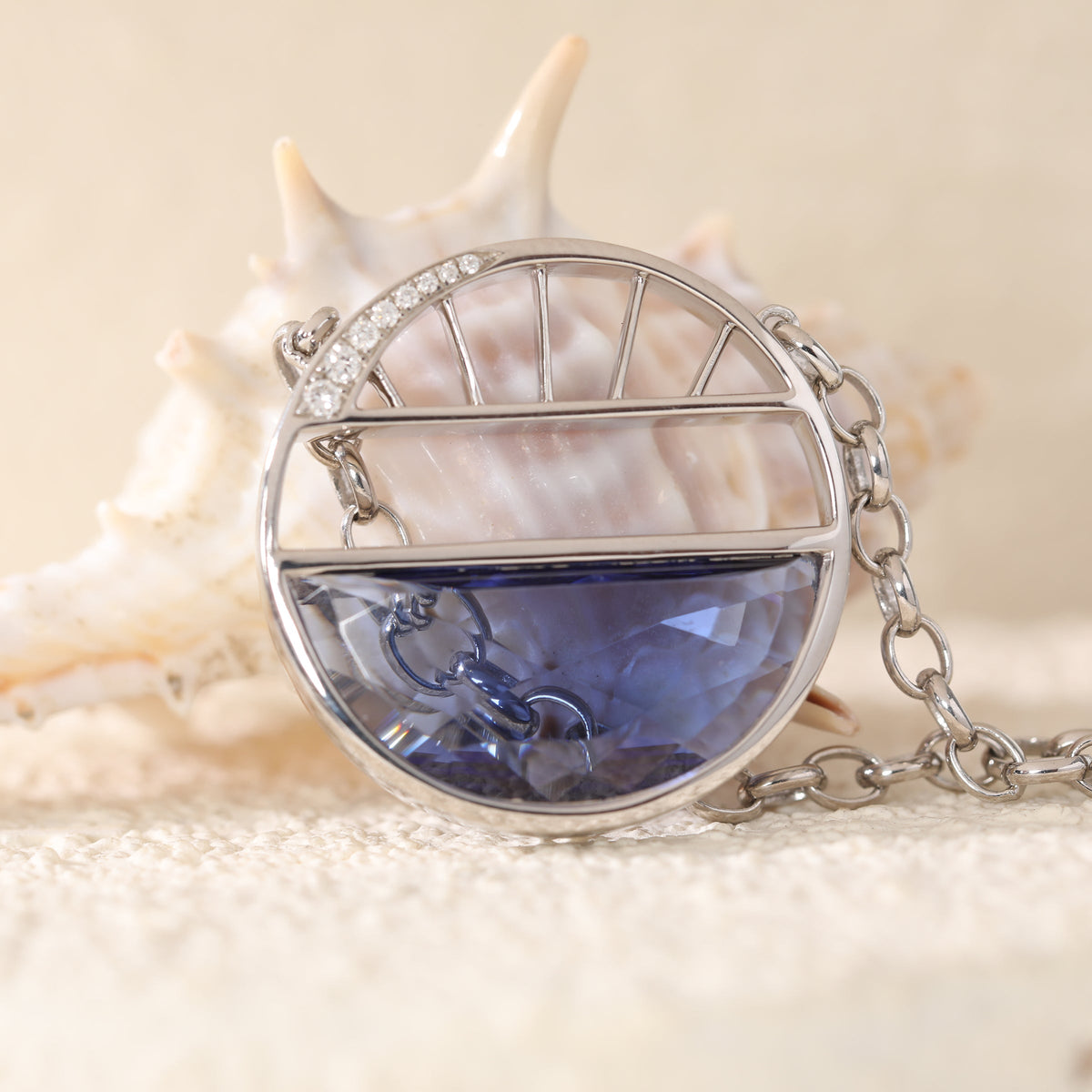 Half - Moon Crown Flower Blue Lab Sapphire Pendant Necklace - FIORESE JEWELRY