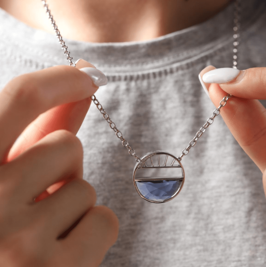 Half - moon Shape Crown Flower Blue Lab Sapphire Pendant Necklace - FIORESE JEWELRY