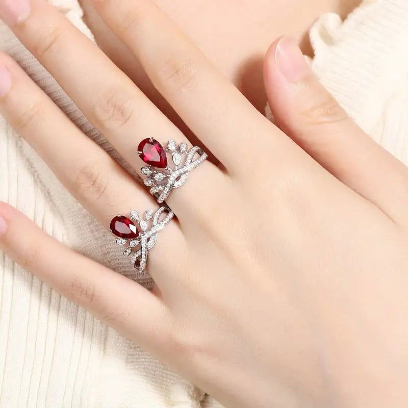 Leaf Crown 2.7 Ct Pear Cut Lab Ruby Engagement Ring - LGG Jewelry