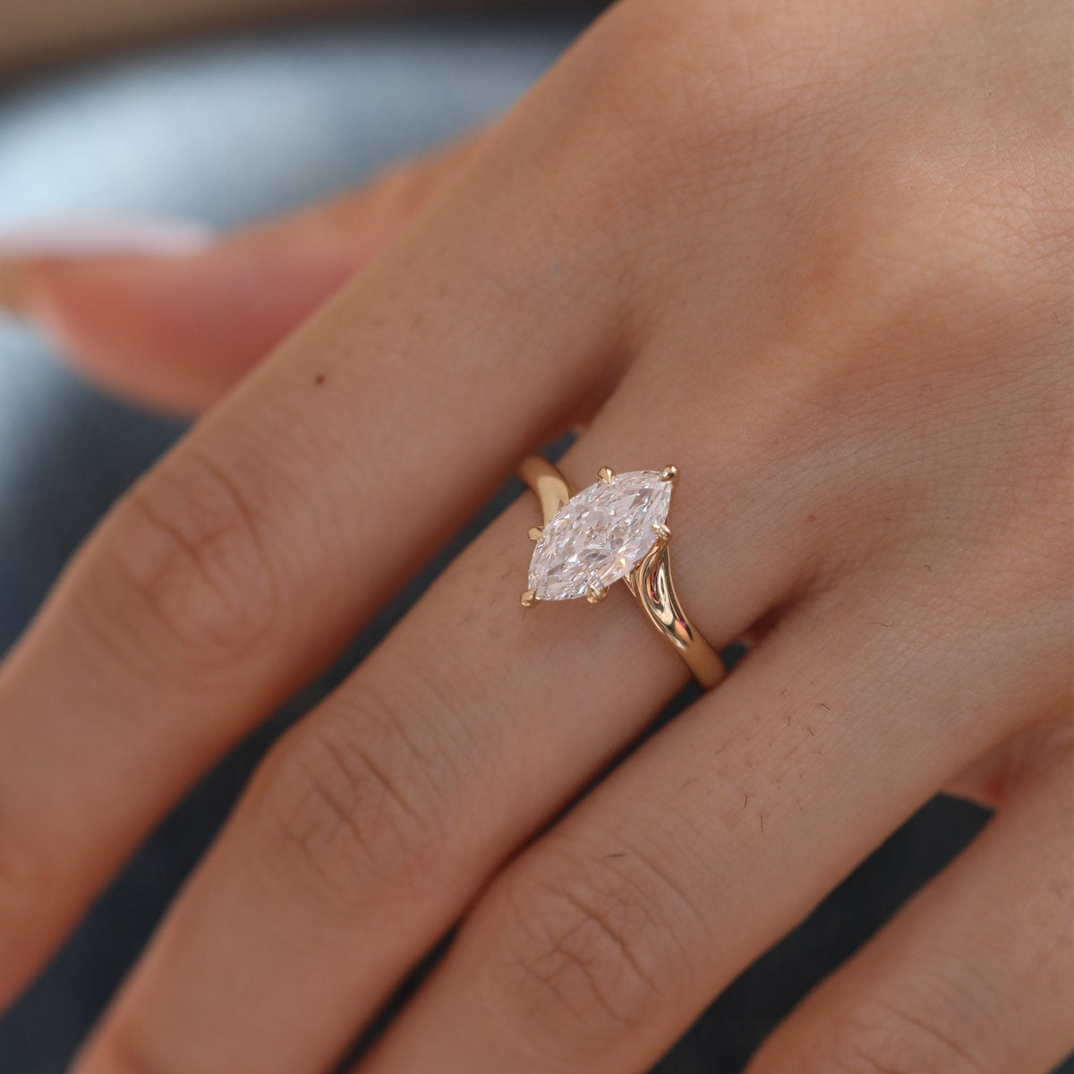 Marquise Cut Lab Diamond Six Claw Prongs Solitaire Ring — Art Nouveau Nature - Inspired - FIORESE JEWELRY