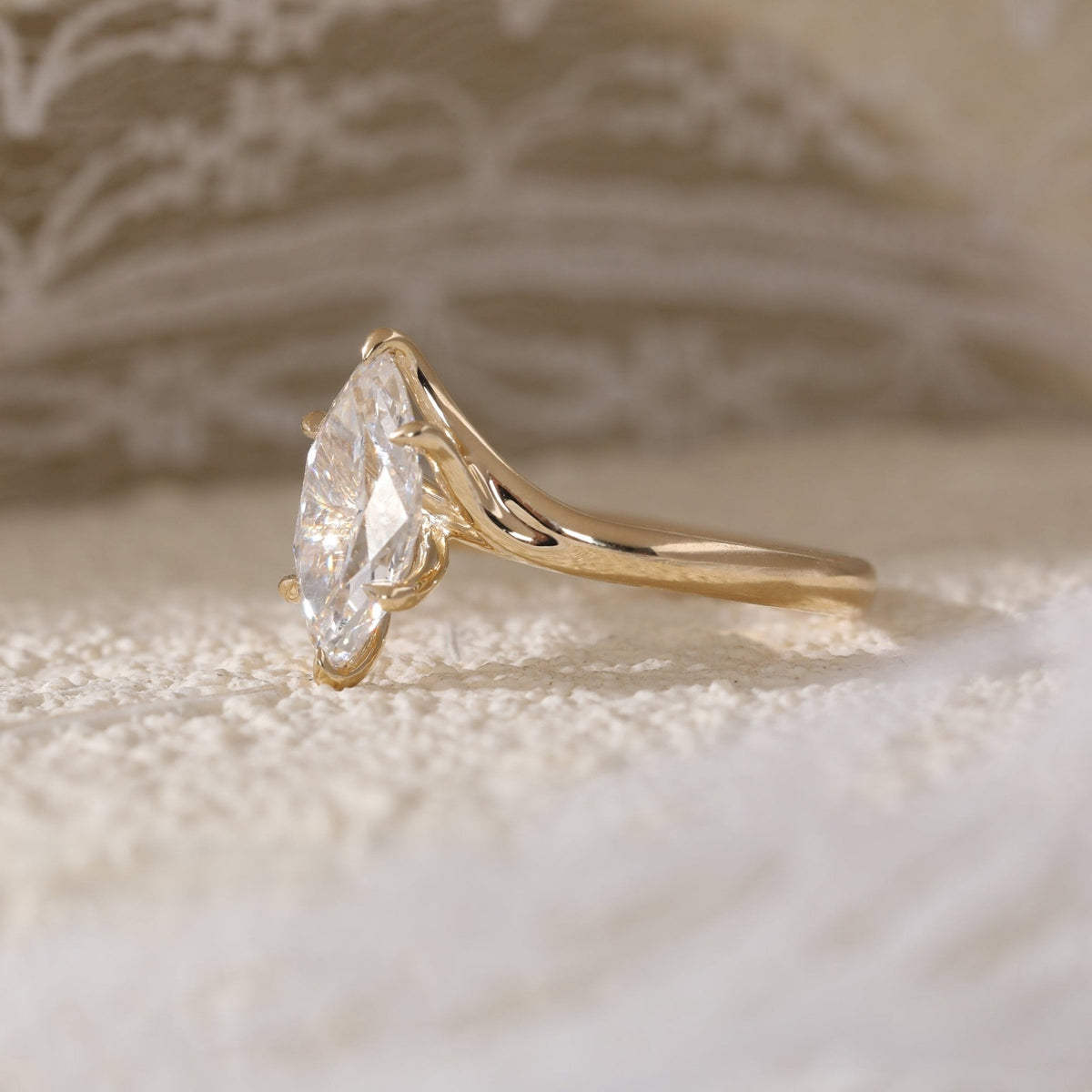 Marquise Cut Lab Diamond Six Claw Prongs Solitaire Ring — Art Nouveau Nature - Inspired - FIORESE JEWELRY