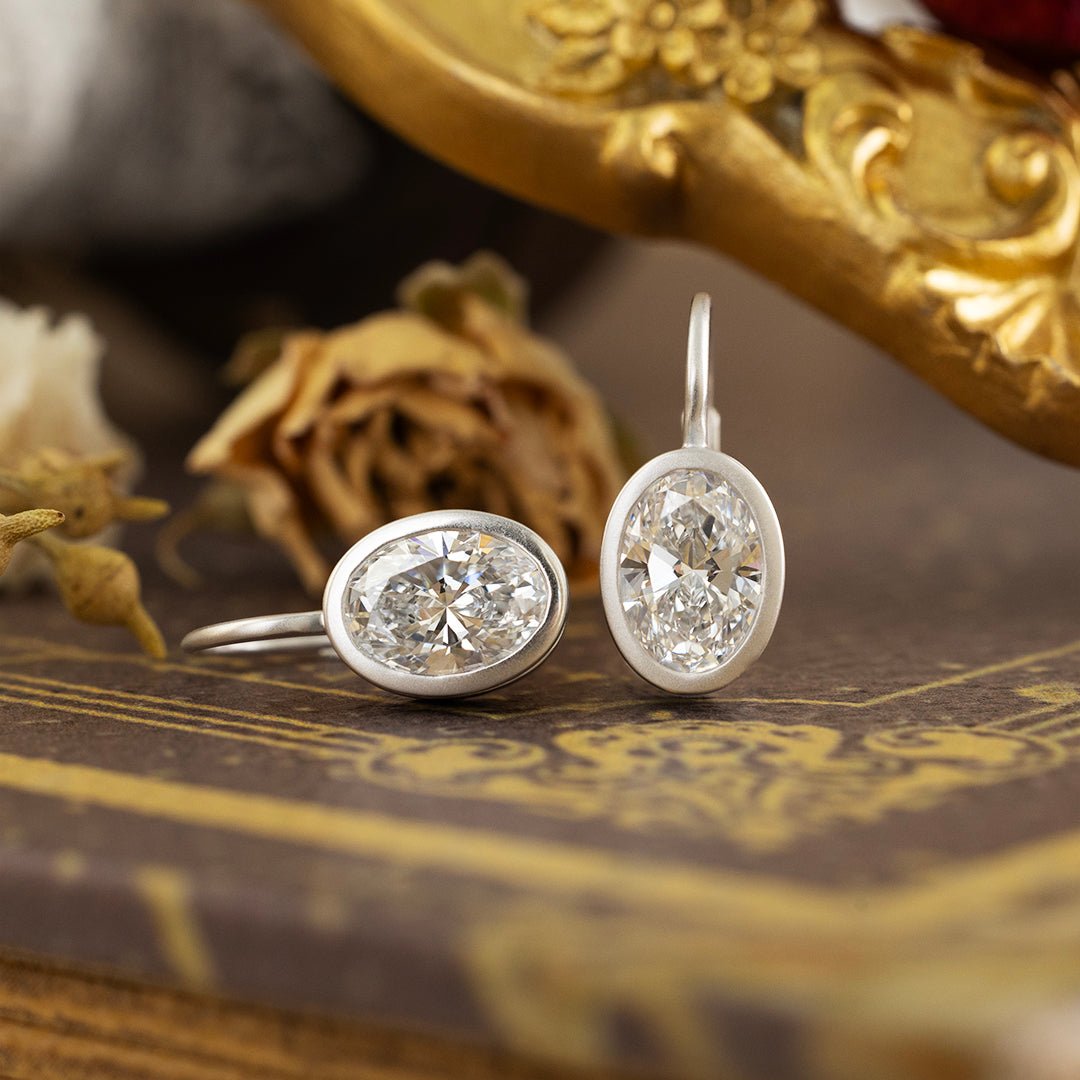 Matte Bezel Oval Cut Lab Diamond Dangle Earrings with Lab Blue Sapphire Hidden Halo - LGG Jewelry