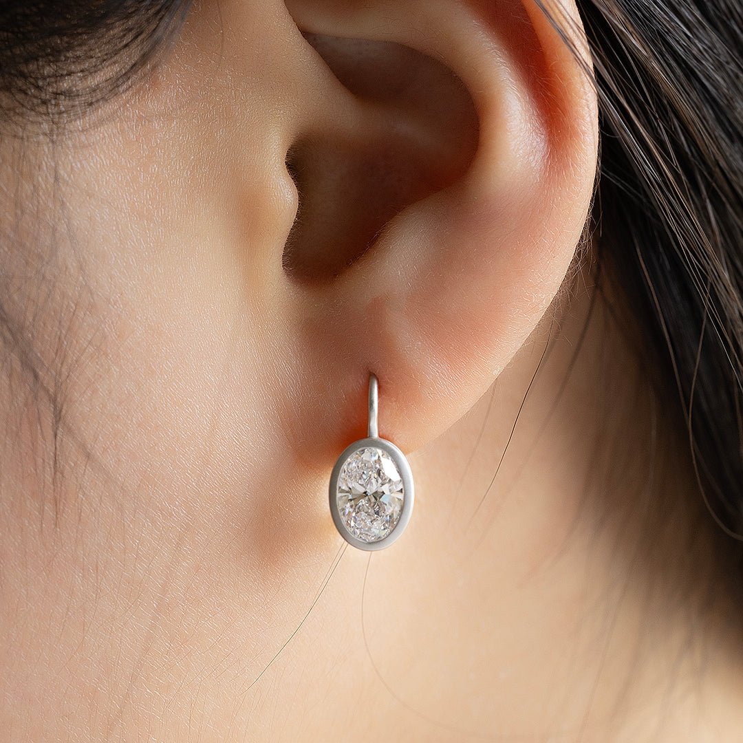 Matte Bezel Oval Cut Lab Diamond Dangle Earrings with Lab Blue Sapphire Hidden Halo - LGG Jewelry