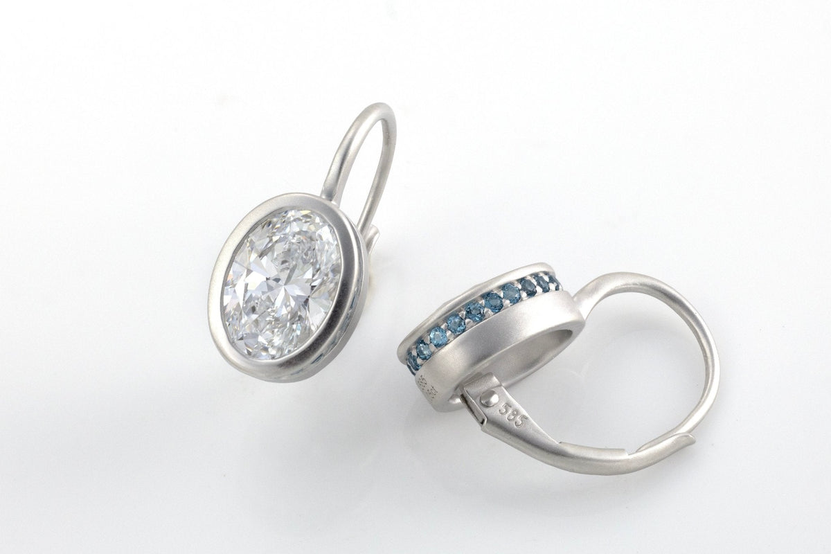 Matte Bezel Oval Cut Lab Diamond Dangle Earrings with Lab Blue Sapphire Hidden Halo - LGG Jewelry