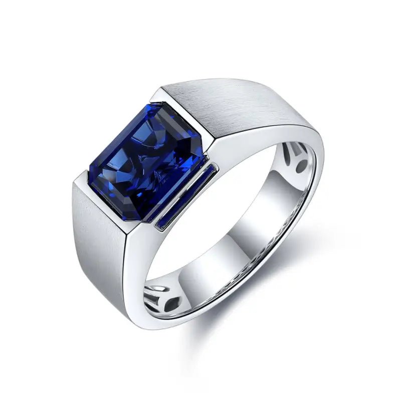 Minimalistic 3.5 Ct Emerald Cut Lab Blue Sapphire Half Bezel Wedding Ring For Men - LGG Jewelry