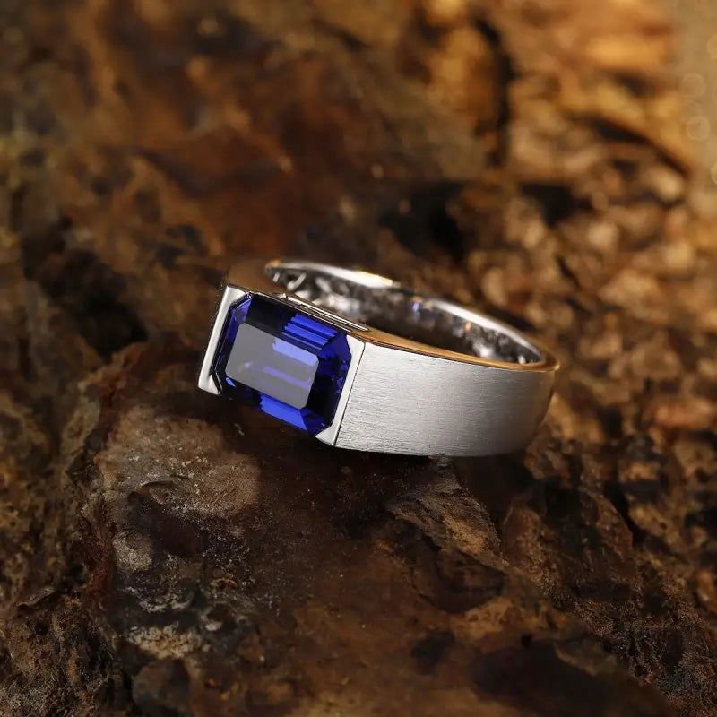 Minimalistic 3.5 Ct Emerald Cut Lab Blue Sapphire Half Bezel Wedding Ring For Men - LGG Jewelry