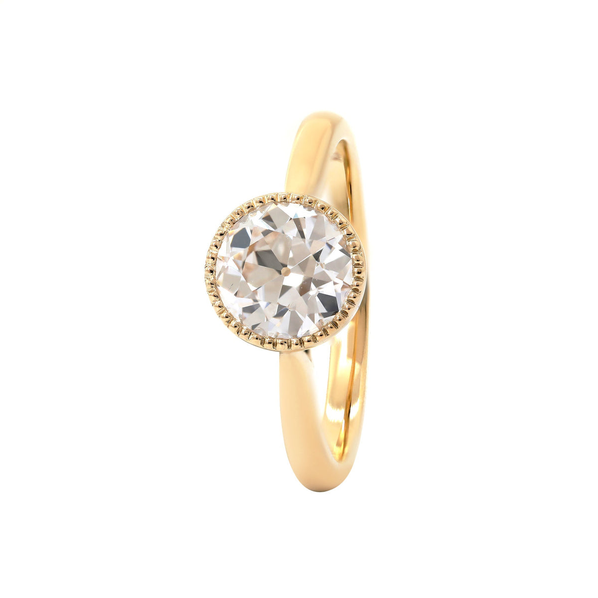 Old European-Cut Lab Diamond Bezel Solitaire Ring with Floral Basket - FIORESE JEWELRY