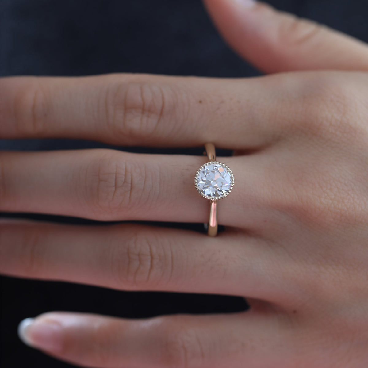 Old European-Cut Lab Diamond Bezel Solitaire Ring with Floral Basket - FIORESE JEWELRY