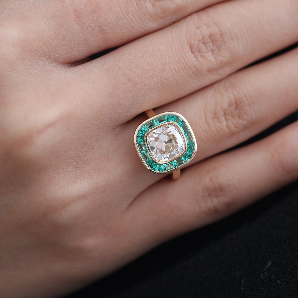 Old Mine-Cut Lab Diamond Bezel Ring with Tapered Baguette Emerald Halo - FIORESE JEWELRY
