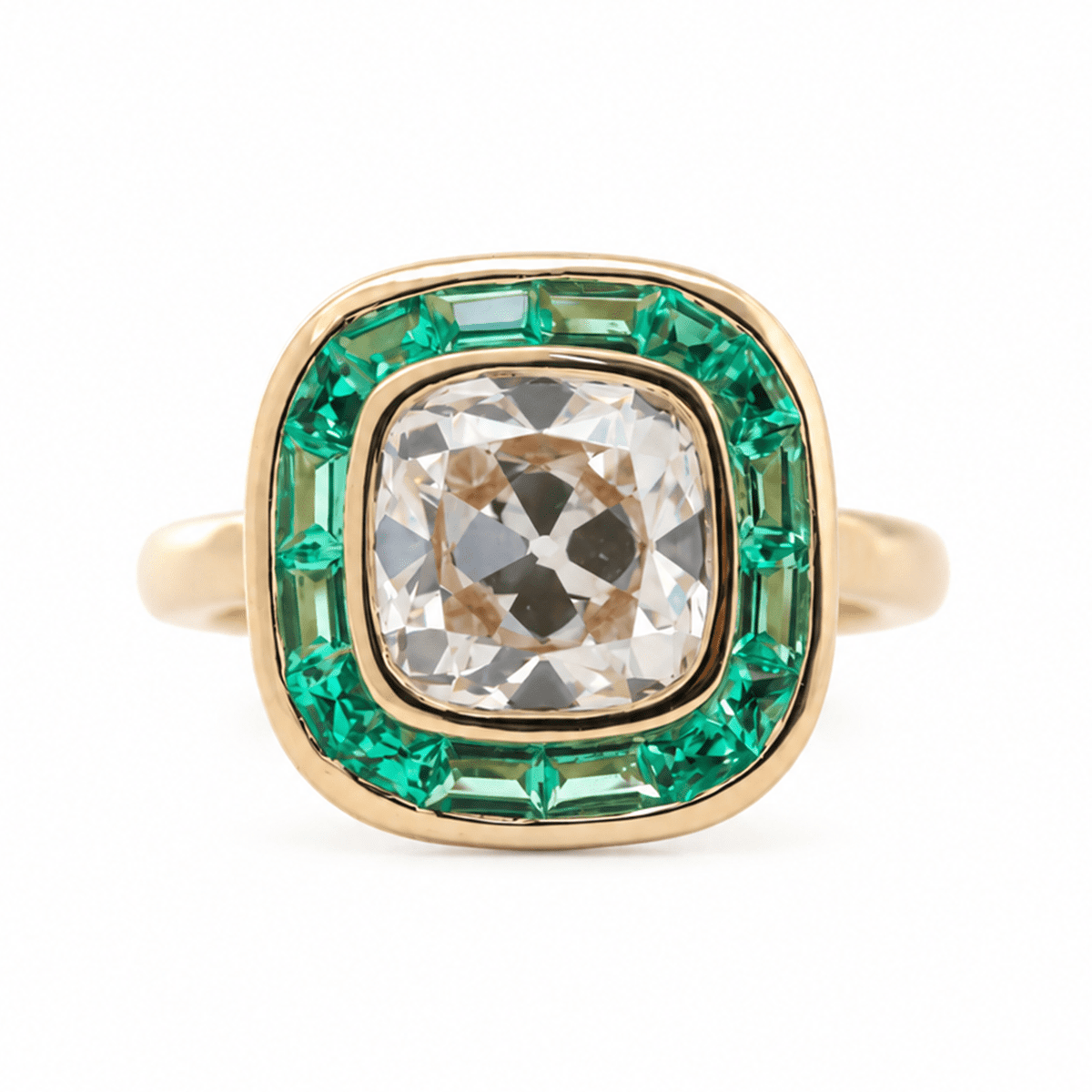 Old Mine-Cut Lab Diamond Bezel Ring with Tapered Baguette Emerald Halo - FIORESE JEWELRY