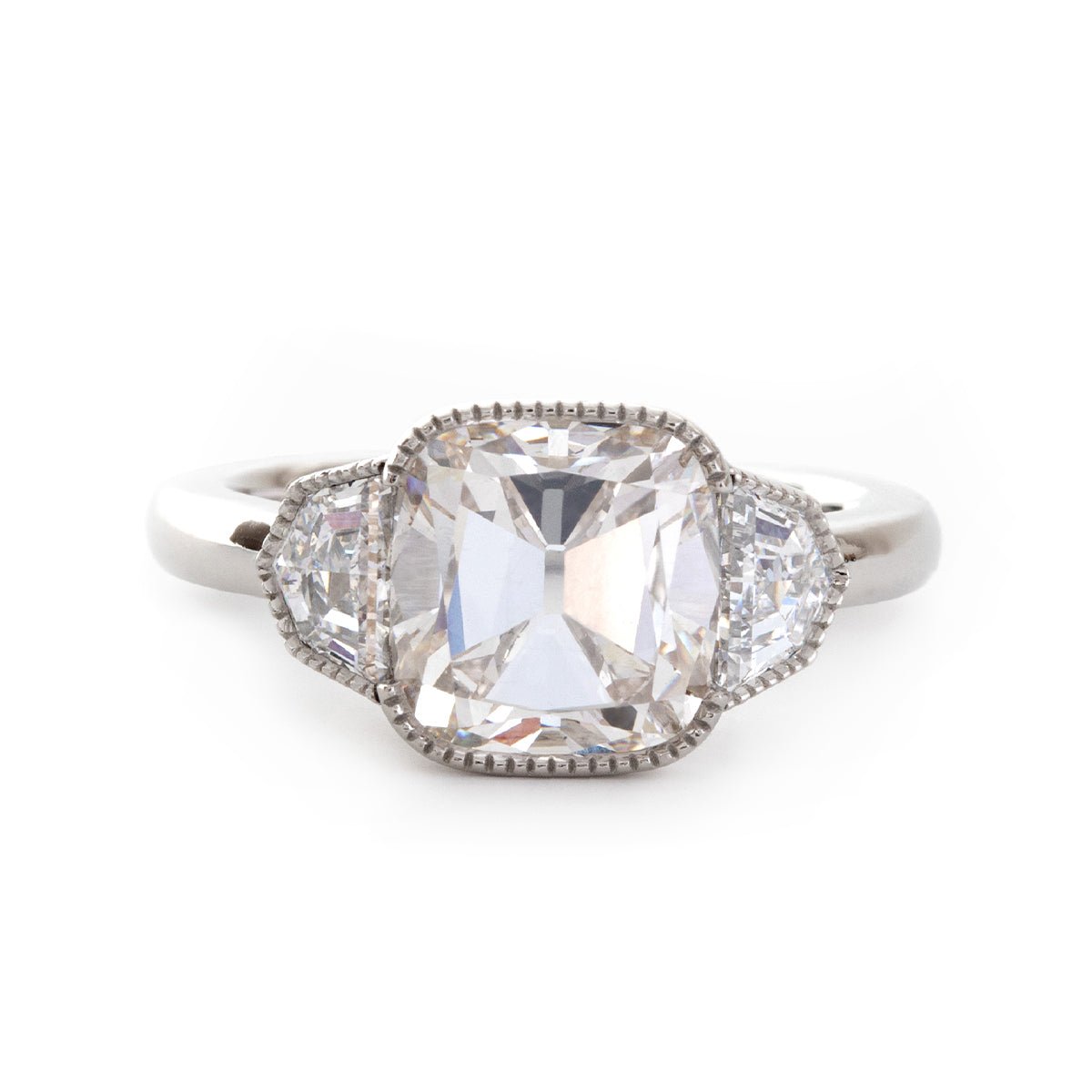 Old Mine - Cut Lab Diamond Three - Stone Ring with Cadillac Side Stones - FIORESE JEWELRY