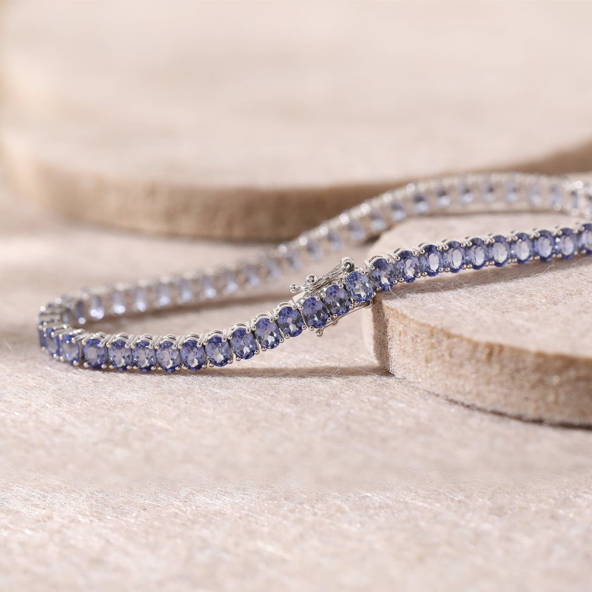 Oval Cornflower Blue Lab Sapphire Tennis Bracelet with 4-Prong Basket - FIORESE JEWELRY