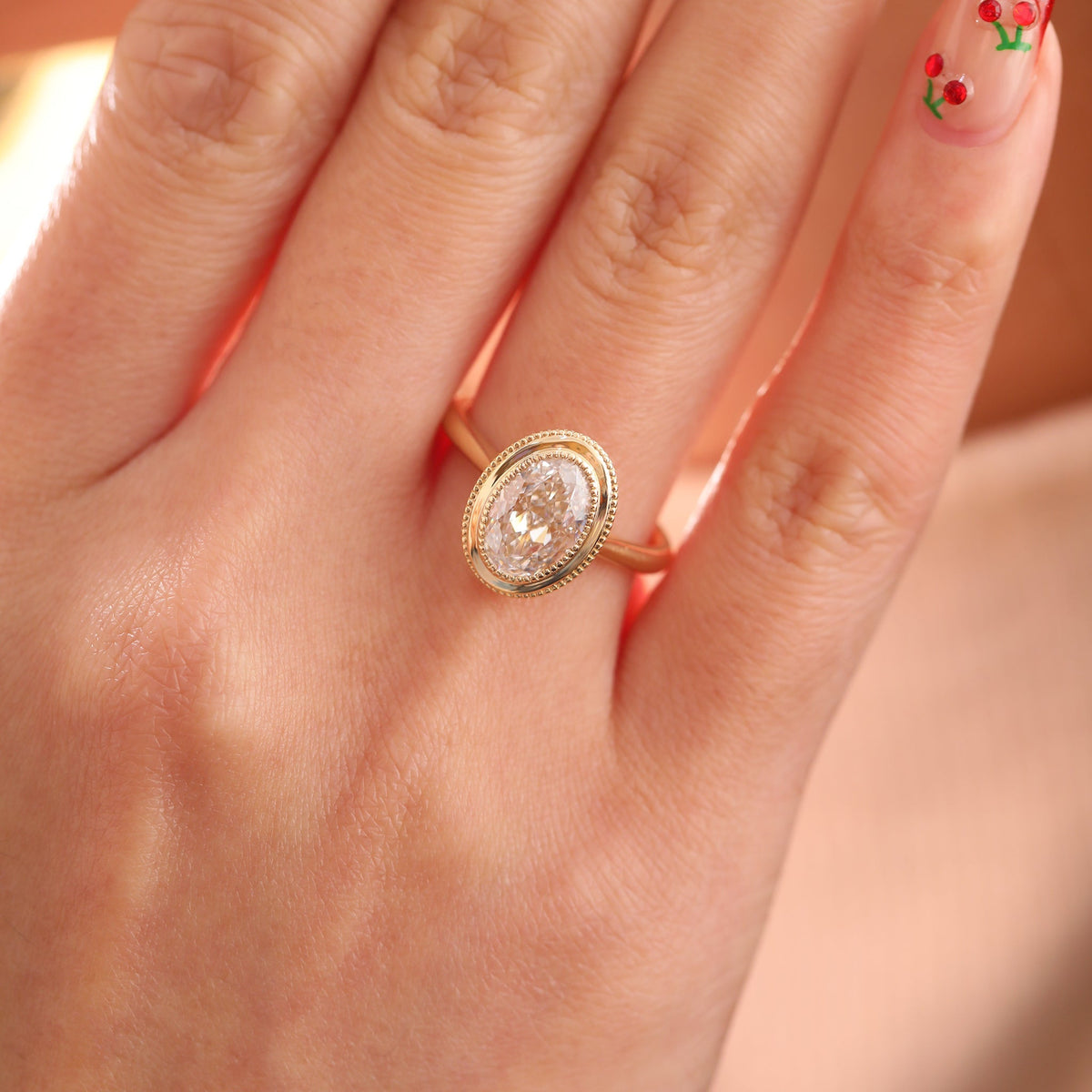 Oval - Cut Lab Diamond Solitaire Ring with Millegrain Bezel Basket Setting and Cathedral Design - FIORESE JEWELRY