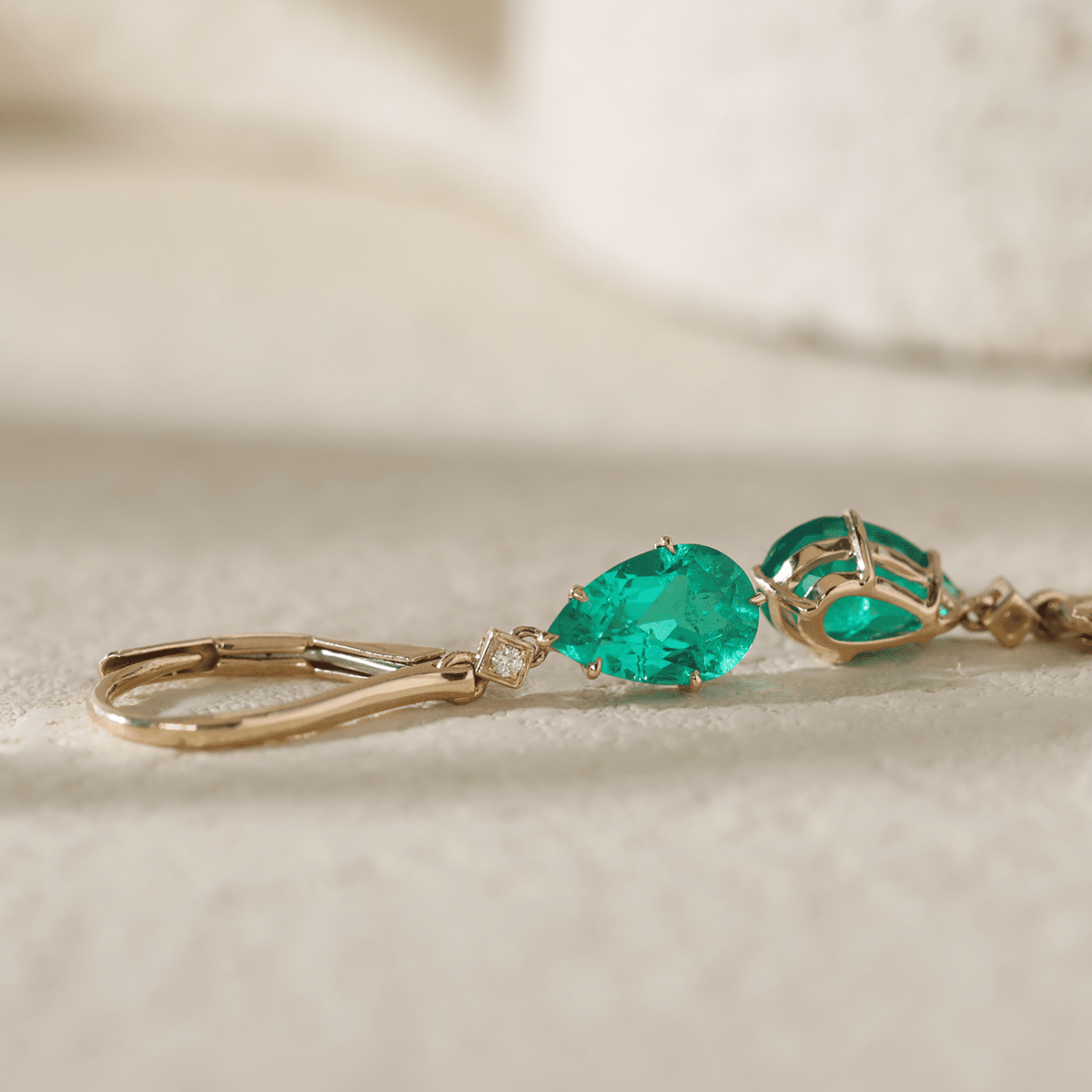 Pear Cut Colombian Lab Emerald Basket - Set Hoop Earrings with Leverback and Round Diamond Accents - FIORESE JEWELRY