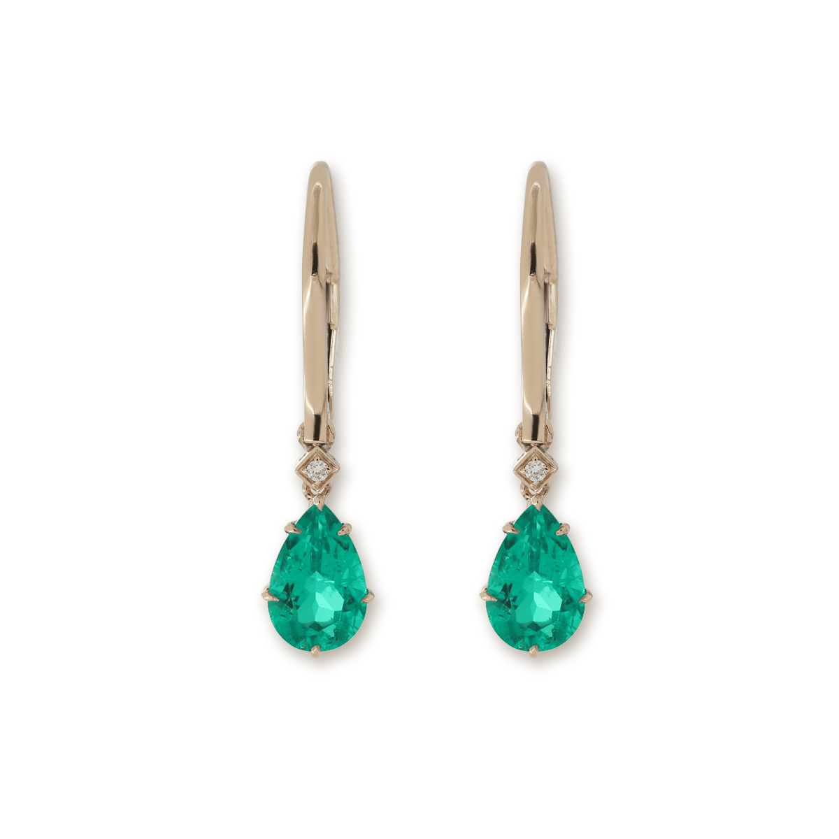 Pear Cut Colombian Lab Emerald Basket - Set Hoop Earrings with Leverback and Round Diamond Accents - FIORESE JEWELRY