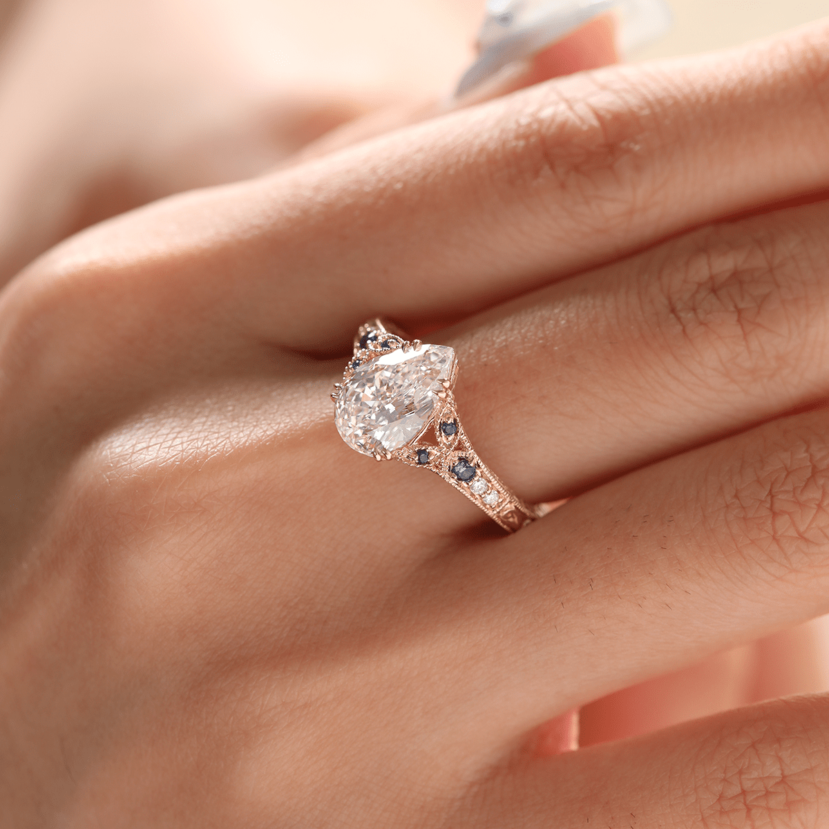 Pear Lab Diamond Ring with Round Lab Diamond and Lab Sapphire Side Stones — Millegrain Floral Engraving, Art Nouveau Nature - Inspired - FIORESE JEWELRY