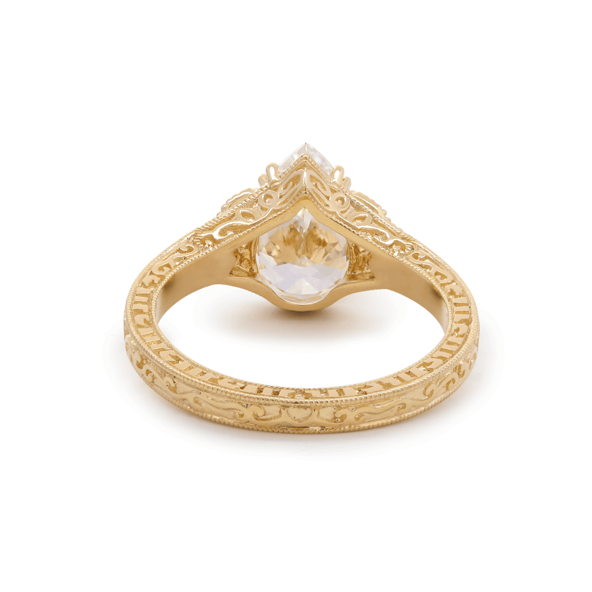 Pear Lab Diamond Ring with Round Lab Diamond and Lab Sapphire Side Stones — Millegrain Floral Engraving, Art Nouveau Nature - Inspired - FIORESE JEWELRY