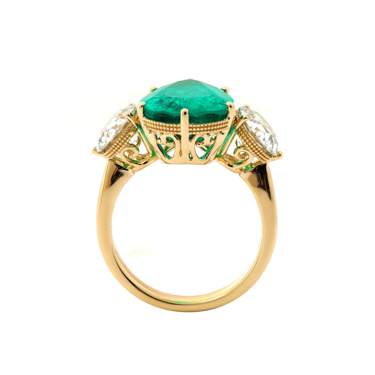 Pear Lab Emerald Three-Stone Engagement Ring with Old European-Cut Lab Diamond Side Stones - FIORESE JEWELRY