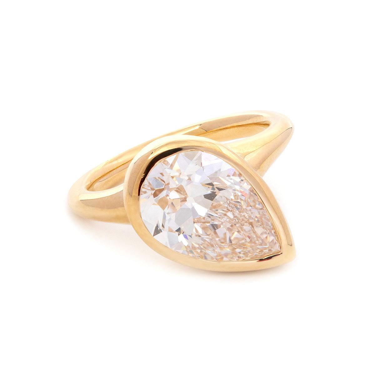 Pear Old Mine Cut Lab Diamond Bezel Bridal Set — Engagement Ring with Wavy Matching Band - FIORESE JEWELRY