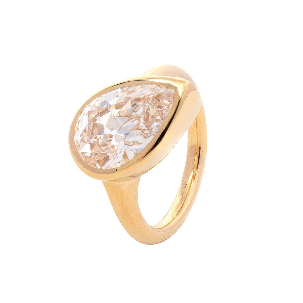 Pear Old Mine Cut Lab Diamond Bezel Bridal Set — Engagement Ring with Wavy Matching Band - FIORESE JEWELRY