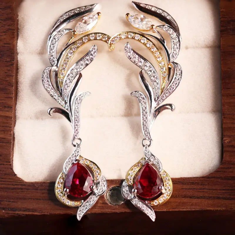 Phenix Feather Pear Cut Lab Ruby Earrings - LGG Jewelry