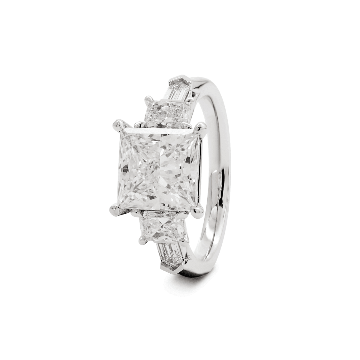 Platinum 2.5ct Princess Cut Lab Diamond 5 Stone Engagement Ring with Radiant Cut and Bullet Cut Side - stones - FIORESE JEWELRY