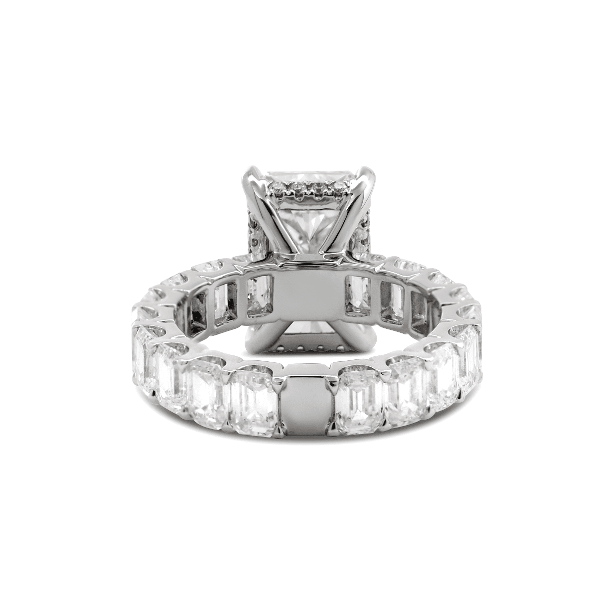 Platinum 4ct Radiant Cut Lab Diamond 4 Calw Prong Basket Ring with Round Lab Diamond Hiddden - Halo and Emerald Cut Lab Diamond Pave - FIORESE JEWELRY