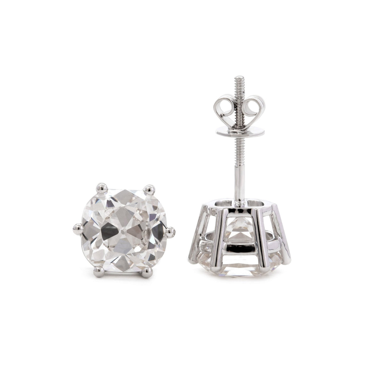 Platinum 6 ct tw Old Mine Cut Lab Diamond 6 Round Prongs Basket Stud Earrings - FIORESE JEWELRY